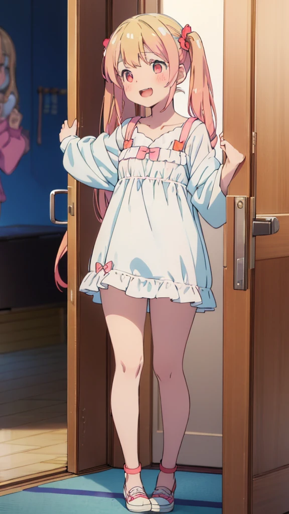 ((masterpiece))((Highest quality))girl、Laughing with your mouth open、blush、Flat Chest、Are thin、Blonde Hair、blush、Are standing、Whole body image、Eye level on face、、No background、Blue clothes、Hair is two colors、Twin tails、Red Eyes、Two-tone red and yellow hair、With open arms
