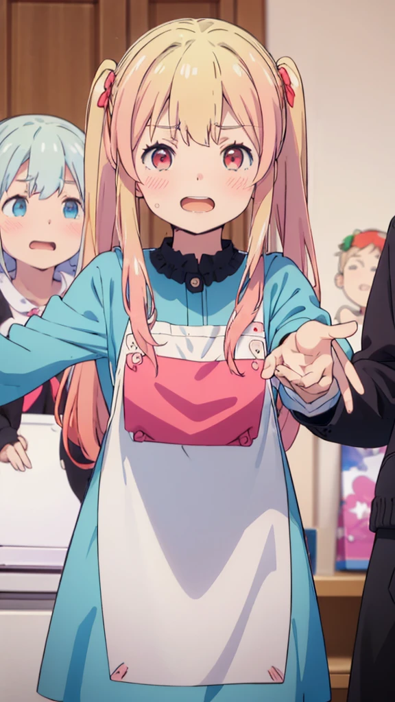 ((masterpiece))((Highest quality))girl、Laughing with your mouth open、blush、Flat Chest、Are thin、Blonde Hair、blush、Are standing、Whole body image、Eye level on face、、No background、Blue clothes、Hair is two colors、Twin tails、Red Eyes、Two-tone red and yellow hair、With open arms