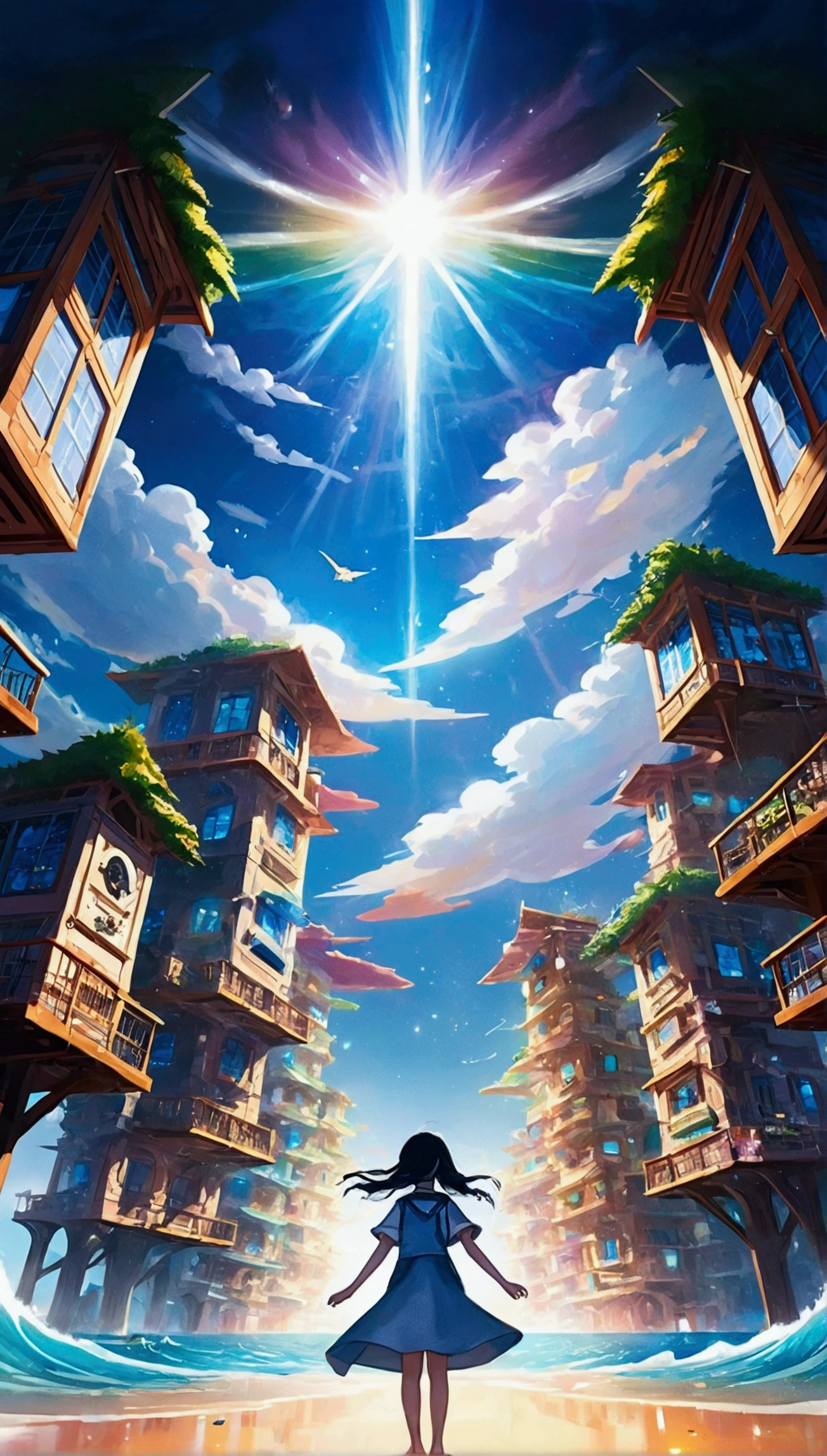 animesque、Faraway view、landscapes、vanishing point、Outrageous resolution、hight resolution、ultra-detailliert、The upper half shows the universe、Below is the sea、Bright atmosphere、Fantasia、magia、Mare、Daylight hours、clean blue sky、sunlight shining、prisma、beautiful  lighting、Bright lighting、Soft lighting、Lots of shining magic light、Iridescent light、(Spark:0.7)