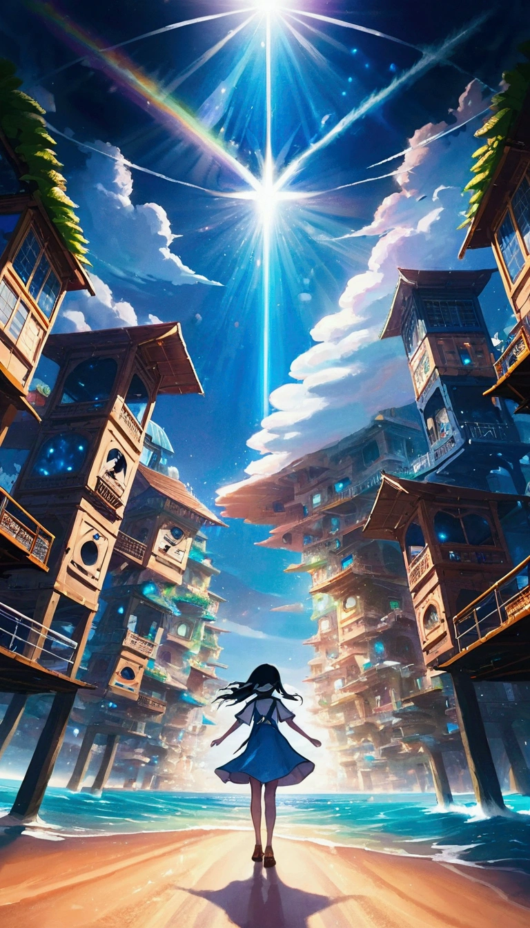 animesque、Faraway view、landscapes、vanishing point、Outrageous resolution、hight resolution、ultra-detailliert、The upper half shows the universe、Below is the sea、Bright atmosphere、Fantasia、magia、Mare、Daylight hours、clean blue sky、sunlight shining、prisma、beautiful lighting、Bright lighting、Soft lighting、Lots of shining magic light、Iridescent light、(Spark:0.7)