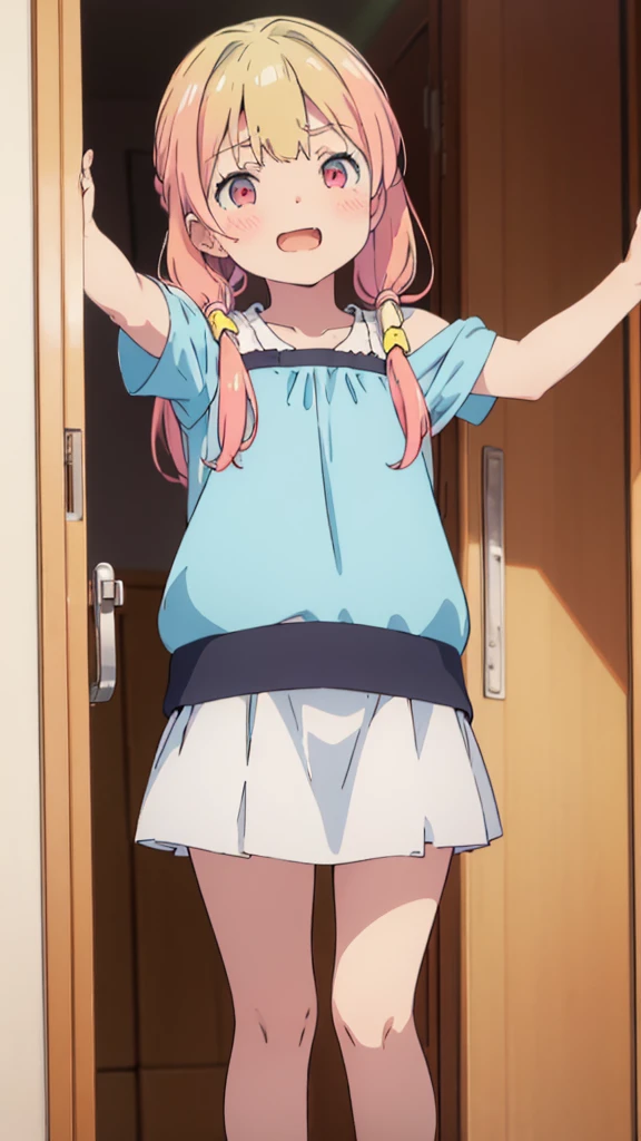 ((masterpiece))((Highest quality))girl、Laughing with your mouth open、blush、Flat Chest、Are thin、Blonde Hair、blush、Are standing、Whole body image、Eye level on face、、No background、Blue clothes、Hair is two colors、Twin tails、Red Eyes、Two-tone red and yellow hair、With open arms