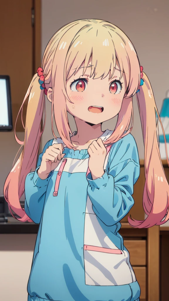 ((masterpiece))((Highest quality))girl、Laughing with your mouth open、blush、Flat Chest、Are thin、Blonde Hair、blush、Are standing、Whole body image、Eye level on face、、No background、Blue clothes、Hair is two colors、Twin tails、Red Eyes、Two-tone red and yellow hair、With open arms