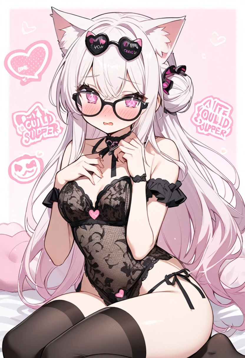 I have white pink hair, cat ears, a bun, my face is super blushing, black glasses, pink heart eyes, and if you could, in lingerie, black stockings, a cat's tail, a very shy girl, that you are lying on your bed how suspicious it is very small