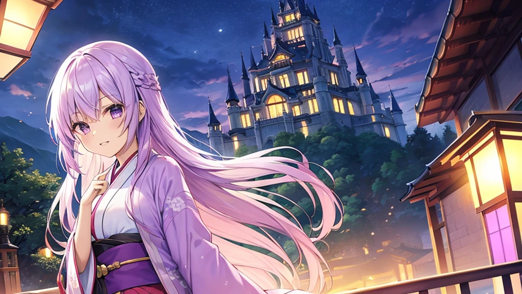 woman clear Light purple hair kimono Anime Style Western Castle