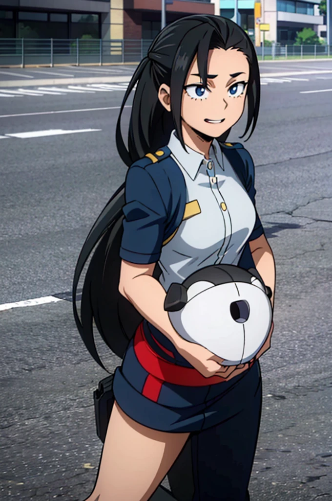  high image quality, she is a 20 year old teenager, she has slightly disheveled very black hair..., somewhat light blue eyes, on a busy avenue,( front stop) fit body , nice face , attractive, happy face,  with normal warm clothing , my hero academy art style, boku no hero style