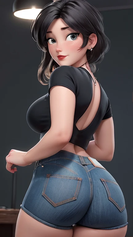 (best qualityer:1.4),(first Ablaze), body focus, (cute face), work of art, ultrarealistic, (((best qualityer))), ((comely Finger)), , comely body, Gorgeous character design, ,lighting perfeita, colorfully, Ablaze_front_face_lighting, ultra high resolution, high resolution, absurderes:1.2, bokeh:1.2, Lens flare, (Vibrant_colour:1.2), (comely, medium breasts:1.2), (thick-thighs:1.1), thick,
Animated female character, big breasts, curvy body, sideways back, Pale skin, face covered by hair, ((wearing ultra-fitted denim shorts)), ((wearing ultra-tight black lycra mini shorts)), super tight adidas shorts, silver necklace with pendant, wrinkles, Red lips, long hair, shot from back