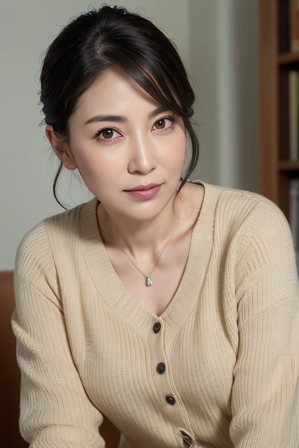 (In 8K, Highest quality, masterpiece:1.2), (Realistic, Photorealistic:1.37), Ultra-detailed, Natural light, , 1 person, 45-year-old woman, Black Hair, pendant, Trendy clothes、Less exposure, Highly detailed face and skin, Detailed eyes, Highly detailed face and skin、Take a full-body photo、color々A pose
