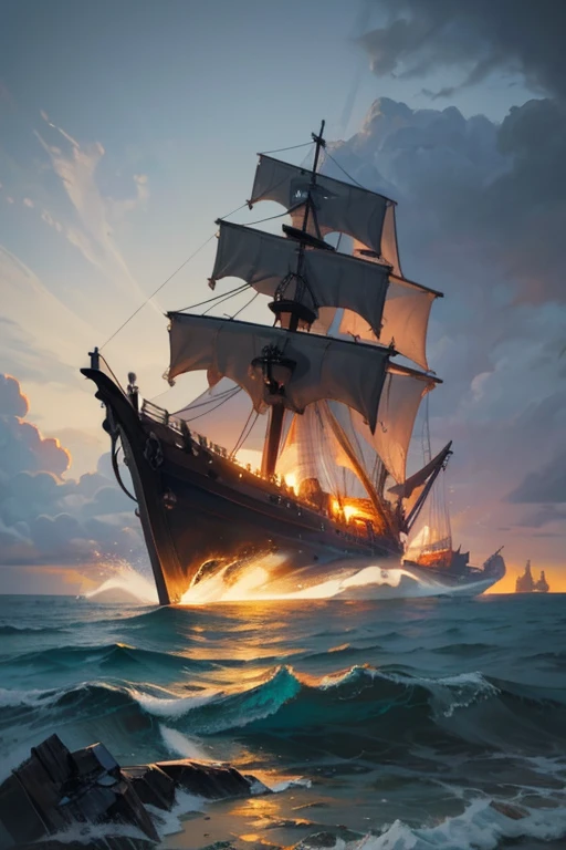 (pixel art_1.1)ship wreak, wooden ship, pirate ship, broken ship, stormy, dark sky, beach, cliffs, facing ocean, Rain, thunder,