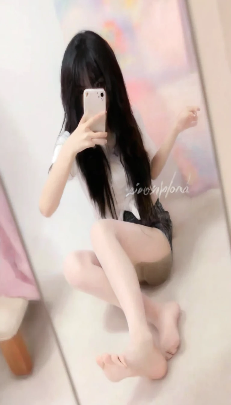 A woman takes a selfie while sitting on the floor, Photos of slim girls, Anime girl squatting, She is about 20 years old, She is about 20 years old, Low quality video, Smooth white tights set, 1 8 Yes, She is about , Ghost Festival