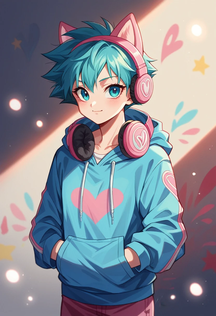 Cute cat girl vegeta bi titis grandes sexy sensual dressed in a fire blue Neon  hoodie with pastel pink accents, oversized headphones snugly fit around its neck, mid-action as it maneuvers through an urban setting, backdrop of graffiti-covered walls, contemporary streetwear fashion vibe, pastel tones, soft-focus background, bokeh lights, digital painting, ultra fine, ultra realistic