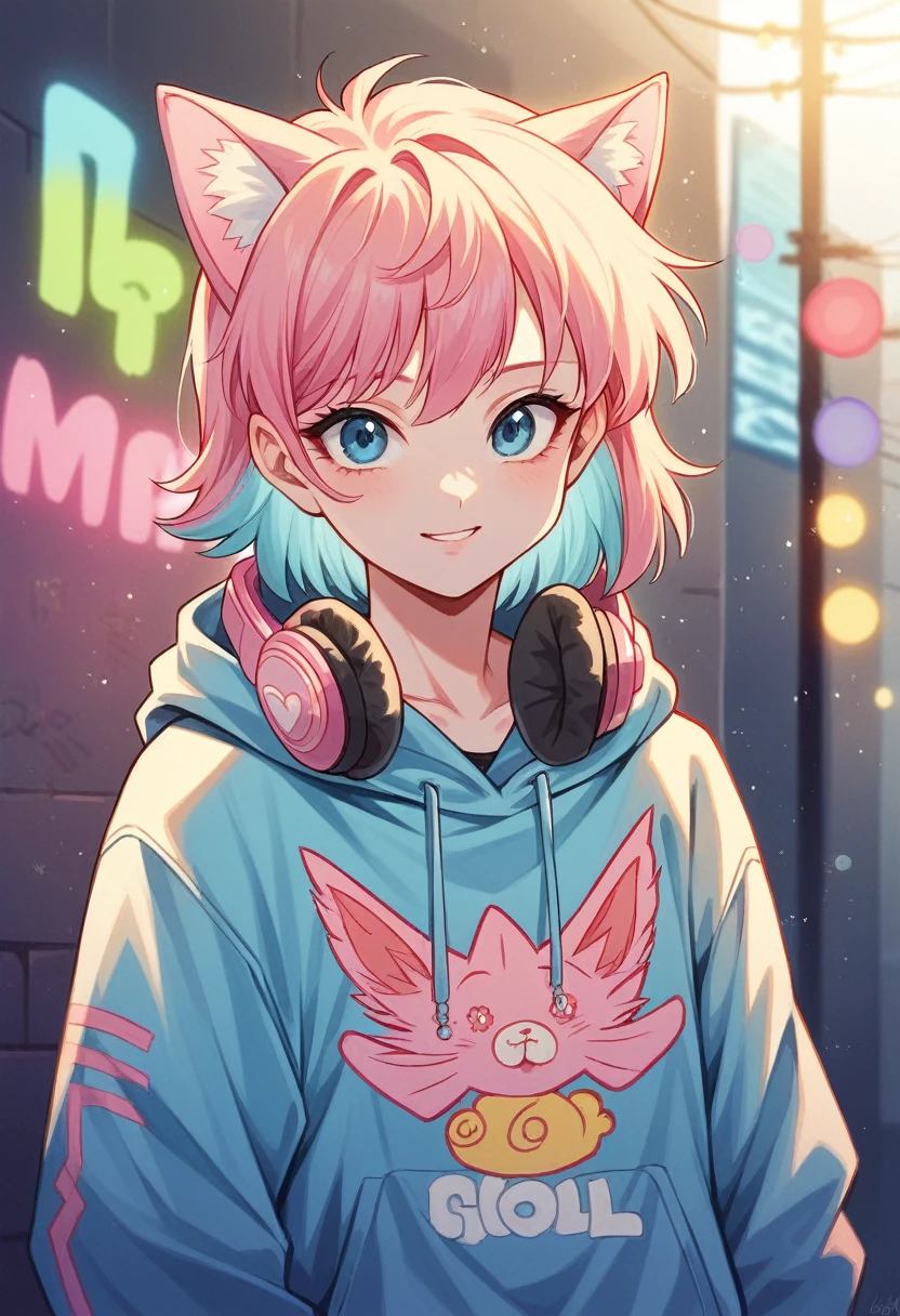 Cute cat girl vegeta bi titis grandes sexy sensual dressed in a fire blue Neon  hoodie with pastel pink accents, oversized headphones snugly fit around its neck, mid-action as it maneuvers through an urban setting, backdrop of graffiti-covered walls, contemporary streetwear fashion vibe, pastel tones, soft-focus background, bokeh lights, digital painting, ultra fine, ultra realistic