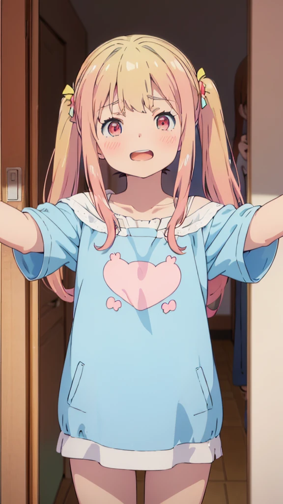 ((masterpiece))((Highest quality))girl、Laughing with your mouth open、blush、Flat Chest、Are thin、Blonde Hair、blush、Are standing、Whole body image、Eye level on face、、No background、Blue clothes、Hair is two colors、Twin tails、Red Eyes、Two-tone red and yellow hair、With open arms