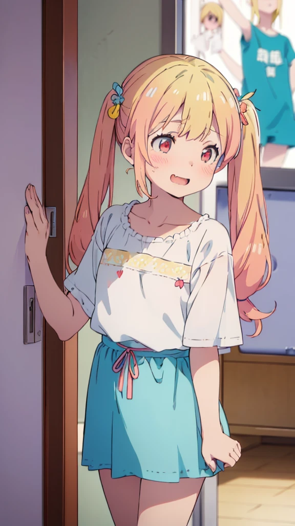 ((masterpiece))((Highest quality))girl、Laughing with your mouth open、blush、Flat Chest、Are thin、Blonde Hair、blush、Are standing、Whole body image、Eye level on face、、No background、Blue clothes、Hair is two colors、Twin tails、Red Eyes、Two-tone red and yellow hair、With open arms