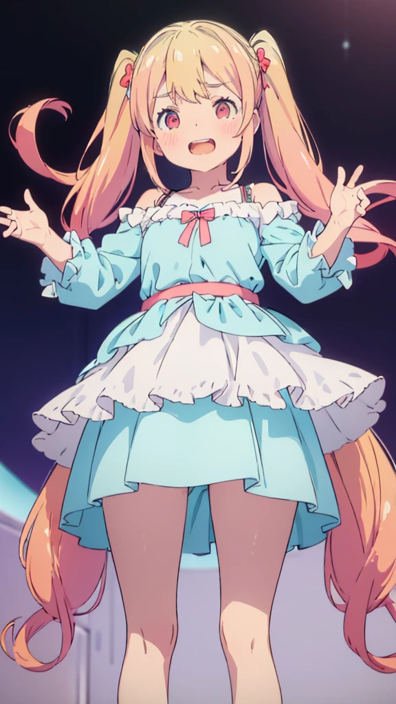 ((masterpiece))((Highest quality))girl、Laughing with your mouth open、blush、Flat Chest、Are thin、Blonde Hair、blush、Are standing、Whole body image、Eye level on face、、No background、Blue clothes、Hair is two colors、Twin tails、Red Eyes、Two-tone red and yellow hair、With open arms