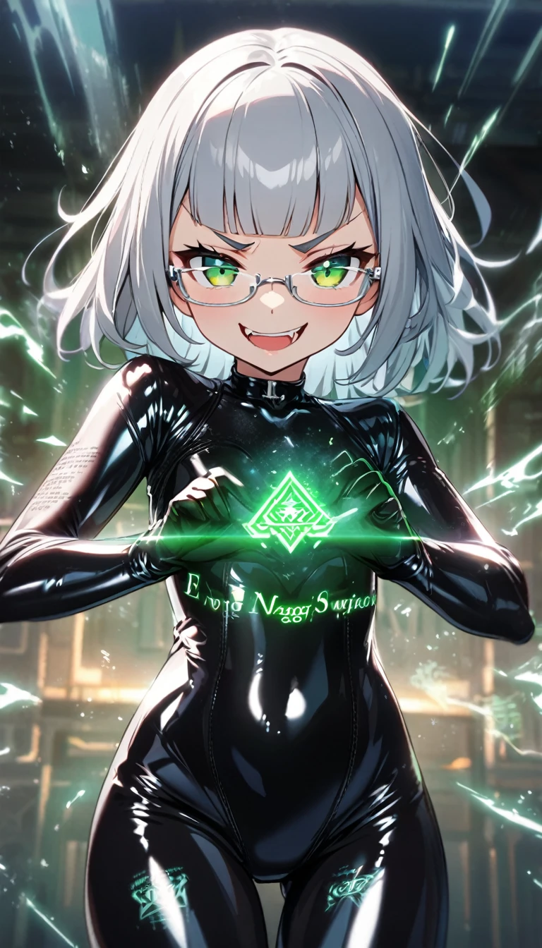 cute girl, silver hair, blunt bangs, (short bangs above brows), silver framed glasses, wearing black shiny seamless leather bodysuit, evil smile, green eyes, magic spell text effects, foggy effects