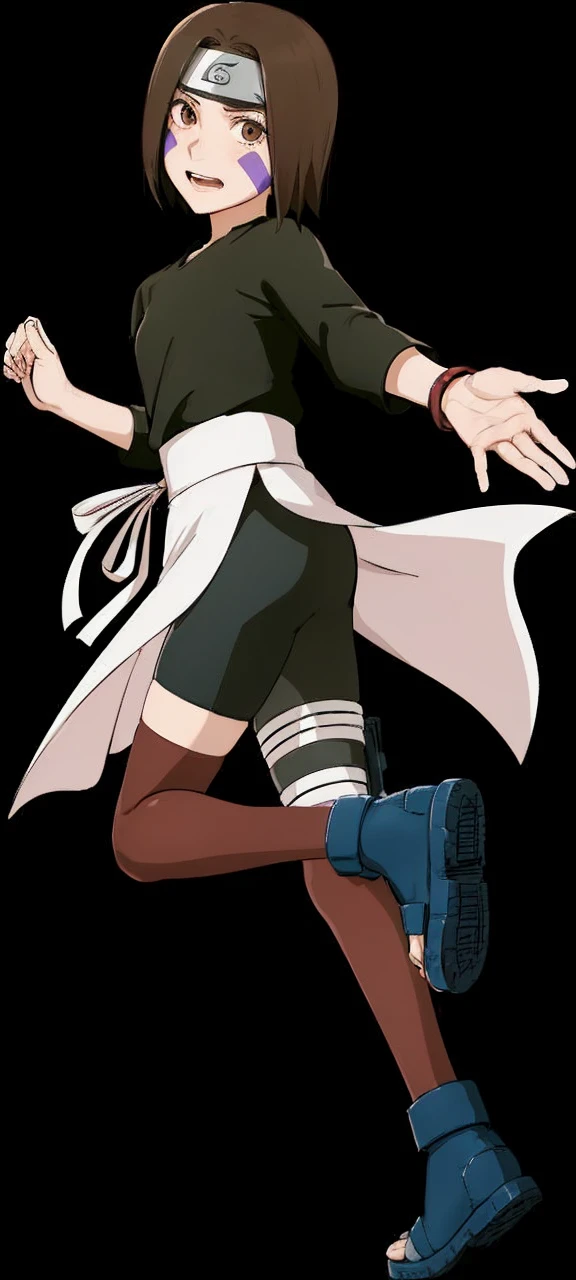 Girl with fair skin, brown eyes, and short, chin-length hair. On each of her cheeks are rectangular purple markings. She wears a black shirt with sleeves slightly below her elbow, and a white apron over her black shorts. She wears thigh-high red/brown stockings, the standard shinobi sandals and holster.