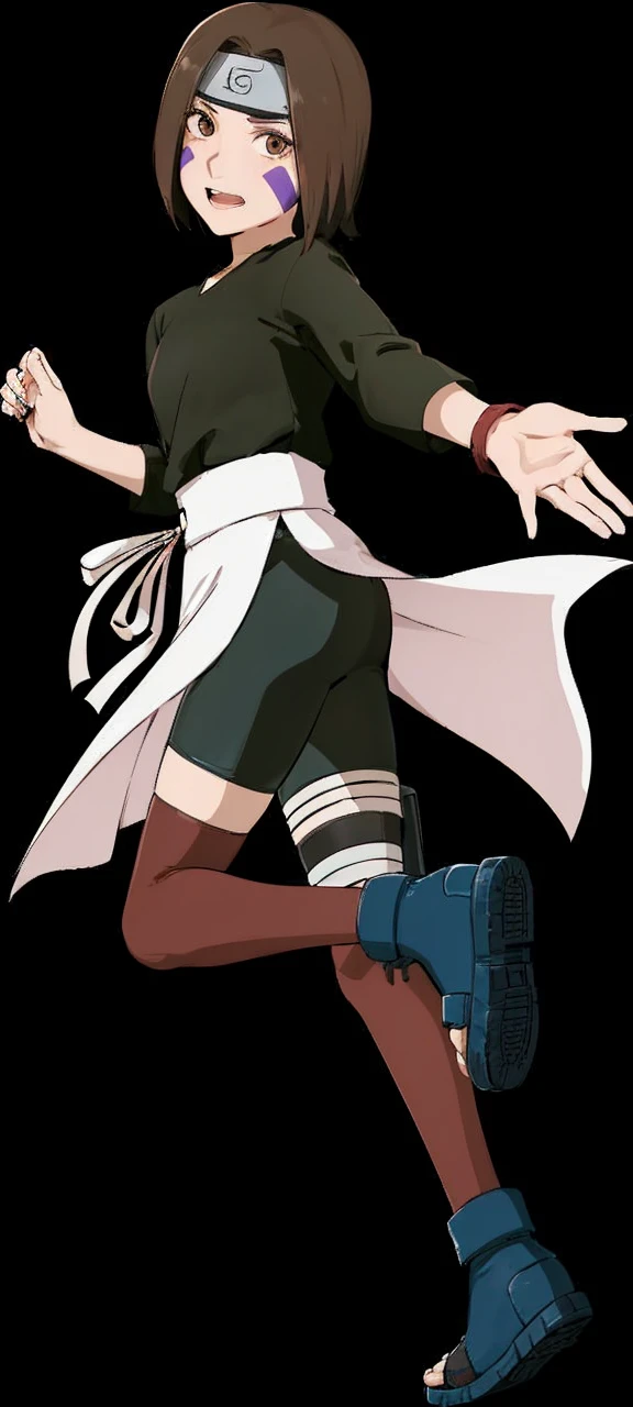 Girl with fair skin, brown eyes, and short, chin-length hair. On each of her cheeks are rectangular purple markings. She wears a black shirt with sleeves slightly below her elbow, and a white apron over her black shorts. She wears thigh-high red/brown stockings, the standard shinobi sandals and holster.