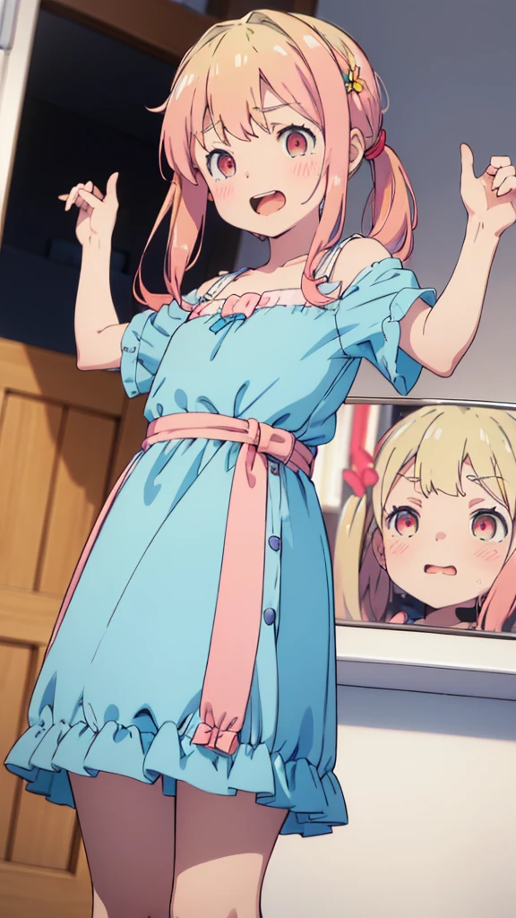 ((masterpiece))((Highest quality))girl、Laughing with your mouth open、blush、Flat Chest、Are thin、Blonde Hair、blush、Are standing、Whole body image、Eye level on face、、No background、Blue clothes、Hair is two colors、Twin tails、Red Eyes、Two-tone red and yellow hair、With open arms