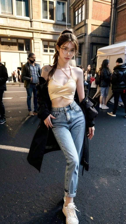 (nsfw), 8k, Extremely meticulous CG,(wallpaper), Extremely refined and beautiful, Masterpiece, best qualtiy, Ultra High Resolution, beautiful light up,Perfect lightning,realistic shaded, A high resolution,(Smooth and flawless fair skin:1.5),(pale skin:1.3),Extremely exquisite facial details,(perfect body:1.1),ultra-detailed,A beautiful girl,solo,small head,(short ponytail:1.1),small face,Exquisite makeup,(perfect breasts:1),flat chests, (black winter coat:1.3),(slender legs:1.2),(pants:1.2),(sneakers:1.1),(day scene:1.5),outdoor,(On the street:1.3),(In front of a huge church:1.3),(detailed background:1.5),(standing:1.3),(upper body:1.2),(from front:1.3),(Surrounded by crowded crowds:1.5), ((no shirt)), ((no bra)), ((no bikini)), ((big breasts:1)), (((tattoo between breasts))), ((black jacket)), (tow hands), (perfect fingers) ((glasses))