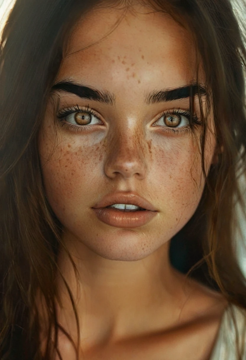 beautiful young girl, long brown hair, amber eyes, freckles on the nose and cheekbones, thick lips, thick black eyebrows