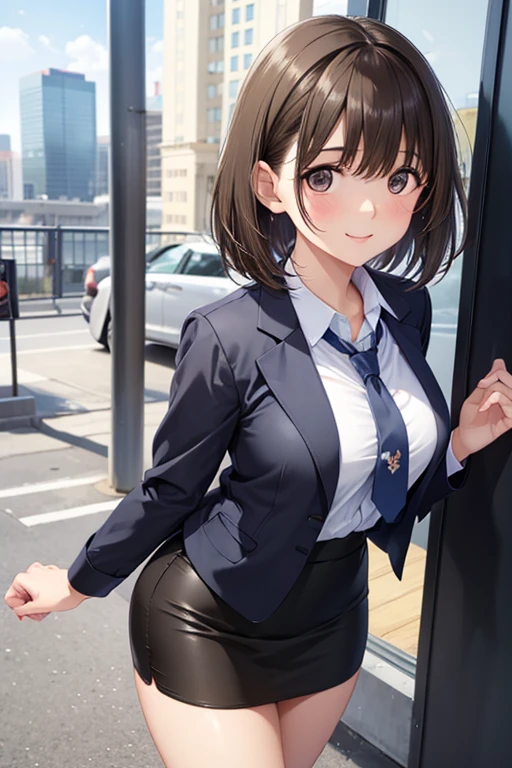 anegasaki nene、Shiny brown hair, short hair, (Beautiful brown eyes、Sparkling eyes, Fine grain)、smile、Ultra-detailed eyes、Highly detailed face, Highly detailed eyes,Cowboy Shot、
masterpiece, Highest quality, High resolution, One girl, alone, ((green suit and tie, Pencil Skirt, mini skirt)), barefoot, Matching shoes, View your viewers, city backdrop, perfect hands, Perfect Eyes, Perfect Legs, Perfect Arms, Perfect Fingers, meだium breasts, standing, short hair, , standing, smile,