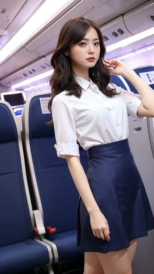 Highest quality,masterpiece,Ultra-high resolution,(Actual:1.4),Original photo,Ultra-high resolution，8k，1 woman，Fair skin、Short skirt stewardess costume,Navy blue mini skirt，Light white short-sleeved shirt,High heels，Long legs:1.5，Bright and beautiful，high waist，Flashy makeup using red eyeshadow，Standing in the aisle of an airplane cabin at night、,