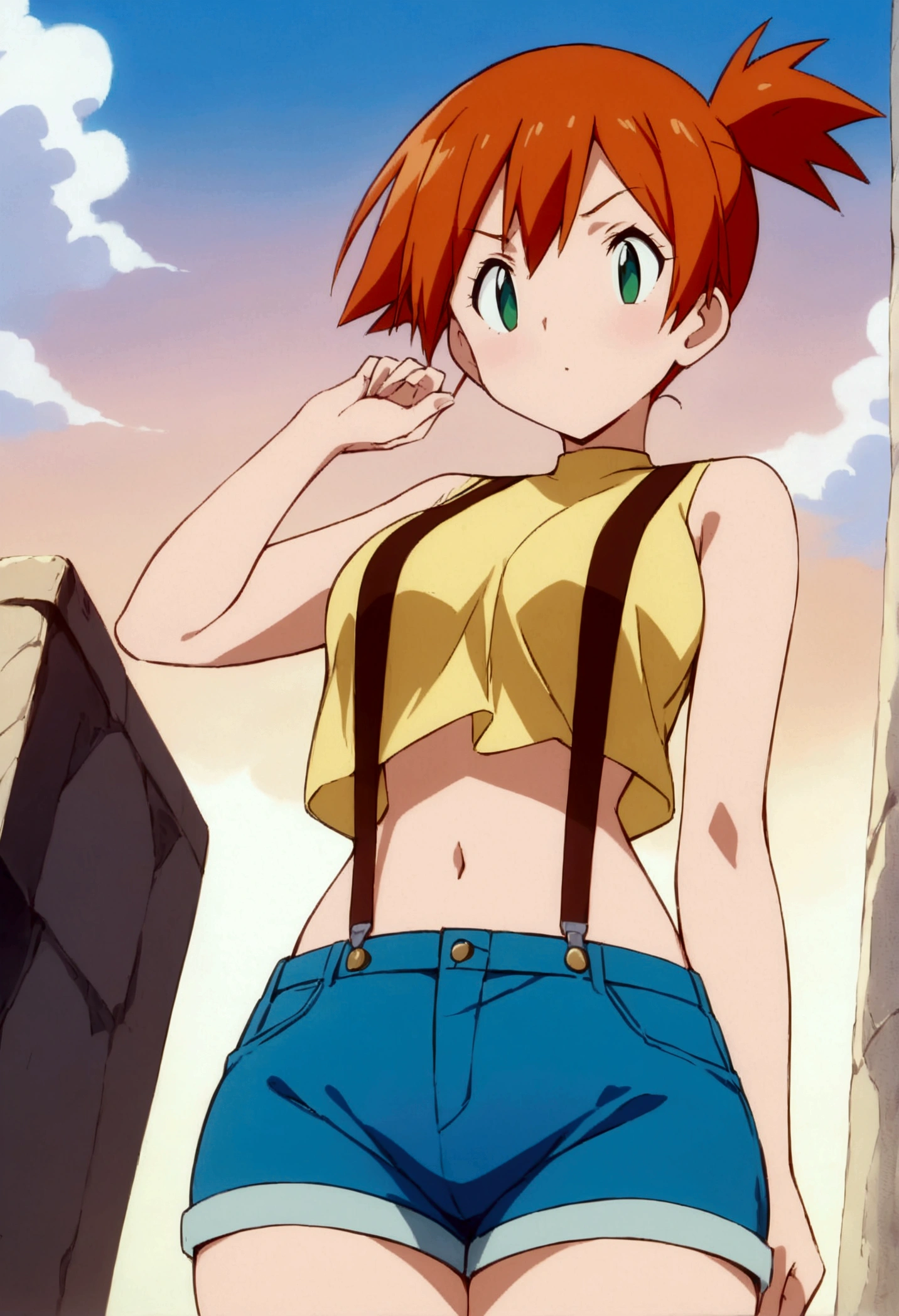 (score_9, score_8_up, score_7_up), (best quality, masterpiece),perfect anatomy,aesthetic,very aesthetic,official style, ultra-high resolution,source_anime.from below,below view,face focus ,,standing ,  (mature) ,1girl, Outdoor, Green Eyes, Orange Hair, , Yellow Shirt, Sleeveless shirt,stomach, Denim shorts, suspenders, ,   (slender), ,shirt_pull:1.2,(Composition)
