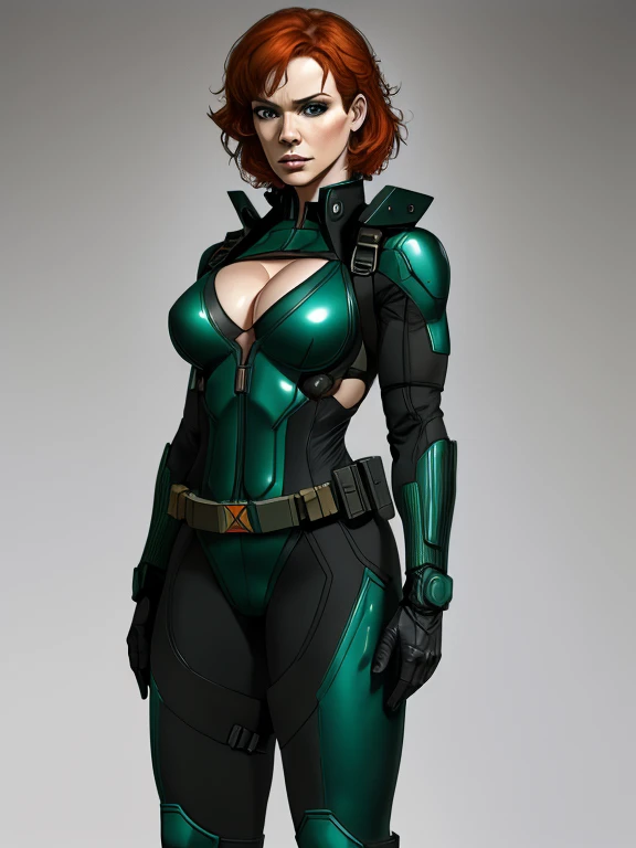 Imagine Christina Hendricks as a Metal Gear Solid character, powerful female character, short wavy orange hair and bright blue eyes, 48 years old, striking and mature facial features, agile and athletic build, (Wearing: Fingerless Gloves, skin-tight suit, black and green stealth suit, cleavage cutout, utility belt, metallic armlets, armored boots, gun holsters), The suit is so tight that Christina Hendricks breasts barely fit in it, The suit emphasizes her stealth and combat prowess. Stealthy and formidable presence of the character, hyper-realistic rendering to capture every minute detail, showcasing the mastery of digital portrait artistry, ultimate photorealistic quality, highly detailed facial expression showcasing the determination and strategy of the character,  subtle hints of high-tech and militaristic elements reflecting the true essence of the Metal Gear Solid universe, vibrant colors with deep gray’s and contrasting cool tones, creating a visually striking and captivating portrait.
