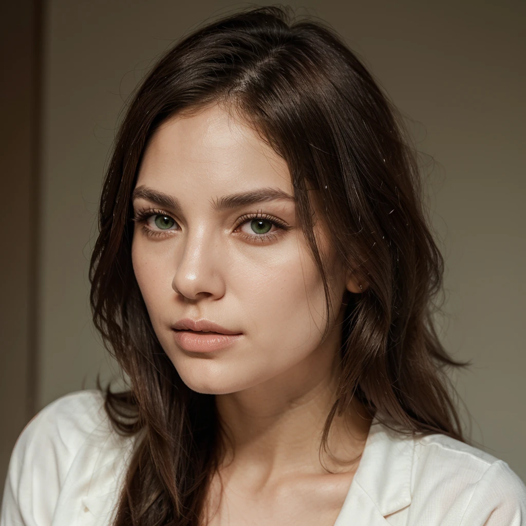 Gabriella de Safra has a white skin tone with a natural uniform texture.. 
Her hair is dark red and falls in soft waves., your eyes are large and expressive green, with an intensity that captures attention.
The shape of the face is oval, with prominent cheekbones and a softly defined jawline. 
The mouth has a naturally full shape, with soft pink lips.
She displays a calm and serene look, and his expression suggests a contemplative stillness.
