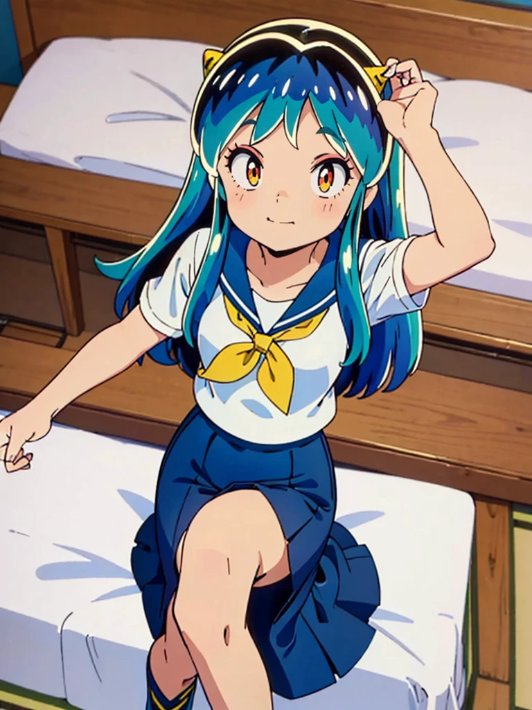 (masterpiece、Highest quality)、1 Girl、Lum, Sailor suit, Navy Blue Skirt, blush、Smile, Lying in bed、From above、With open arms, Mature, High definition