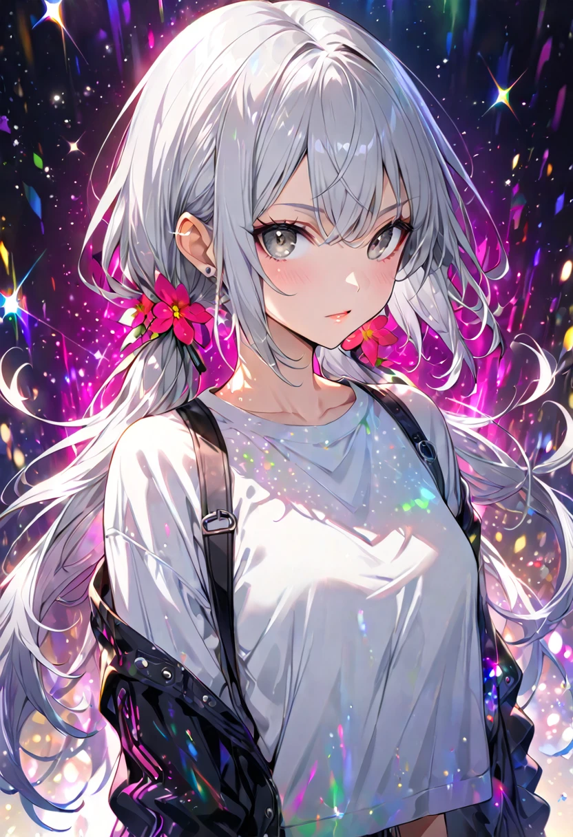 Highest quality masterpiece High resolution masterpiece Silver Hair Grey Eyes Low Twintails、Casual costume flowerpunk、sparkling particles of light、Vivid gradient effects