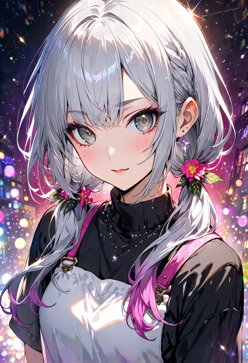 Highest quality masterpiece High resolution masterpiece Silver Hair Grey Eyes Low Twintails、Casual costume flowerpunk、sparkling particles of light、Vivid gradient effects