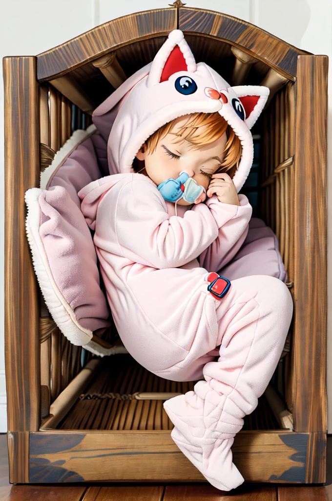 An anime image of a  sleeping in a large nursery room, (wearing fox hoodie-footie pjs), (((wearing a diaper))), ((sleeping soundly in a crib)), (crib), pacifier, peaceful expression, soft lighting, solo, ((1boy)), warm colors, highly detailed, extremely detailed, masterpiece, anime style, beautiful detailed eyes, soft bedding, plush fox hoodie, adorable, comfort, cozy, restful, hood up,
