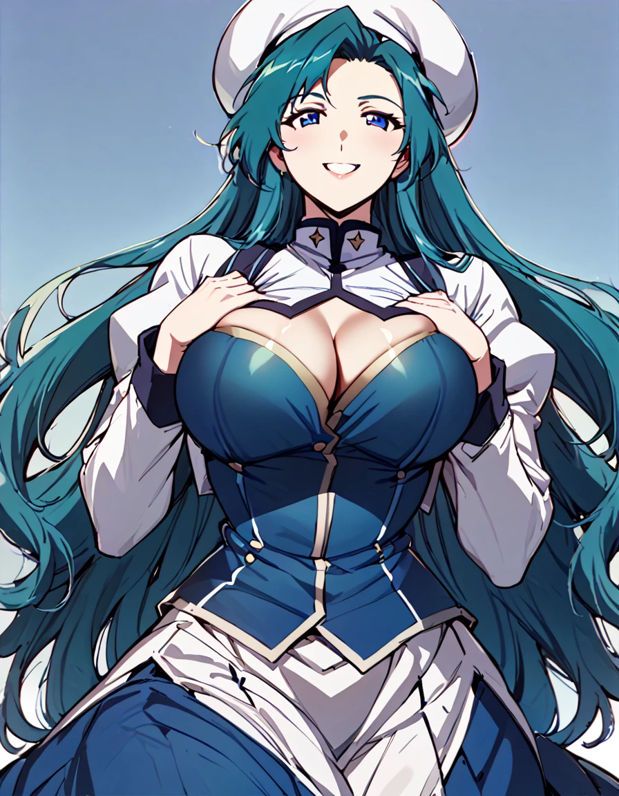 Anime, 1 girl, solo, kimtag, Very long hairstyle, cyan colored hair, blue eyes, happy face, busty, firm plump body, genetics's uniform , Juliet sleeves, deep cleavage, large beret,, large skirt, holding her own hands