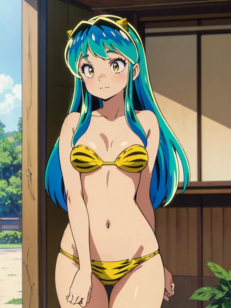 masterpiece, Highest quality, 1 Girl, Lum, Micro Bikini, Japan, High definition,  1980年代アニメstyle,  nose blush, mature, 18-year-old, looking away, looking down, come to stand at attention, view from front, green hair, light smile, style