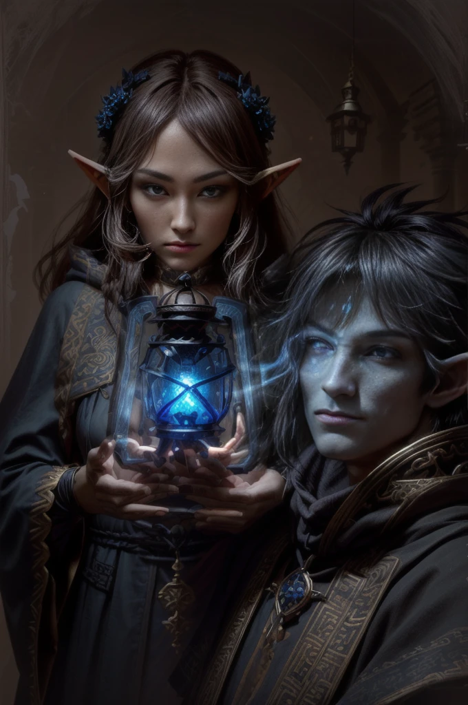 selfie, 1 elf, pointy eays, rpg fantasy, fantasy race. in darkness, holding a lantern in front face (focus on lantern), magic item, large lantern suspended by chain. blue fire lantern, lantern font of light. the lantern shiny bright and conjuring falling smoke, blue fire. priest, hood, light reflect in face and eyes, serious expression. perfect hands [[in 2 hands, 5_fingers, five_finger, 5f, 5_fingered]]. original character, authentic. looking to viewer, focus on talisman and face.  centered, solo character, front view. semi realistic painting style, illustration. blank background, empty.3D, baroque style,oil paint,Rococo style, 3d