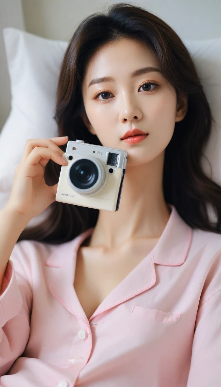 Close up of beautiful Korean woman, 34 inch chest size,Wearing pajamas, Lying in bed, Selfie, Polaroid photos, Ultra HD