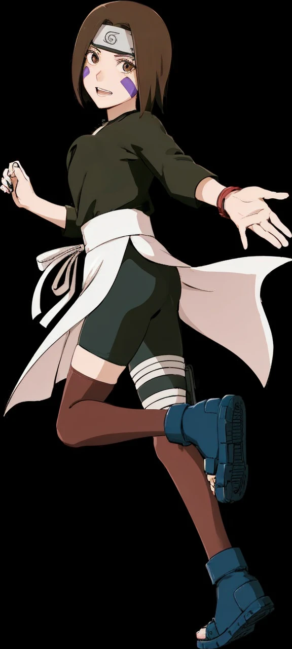 Girl with fair skin, brown eyes, and short, chin-length hair. On each of her cheeks are rectangular purple markings. She wears a black shirt with sleeves slightly below her elbow, and a white apron over her black shorts. She wears thigh-high red/brown stockings, the standard shinobi sandals and holster. 18 years old, sexy, big ass, big breasts,wide hips.