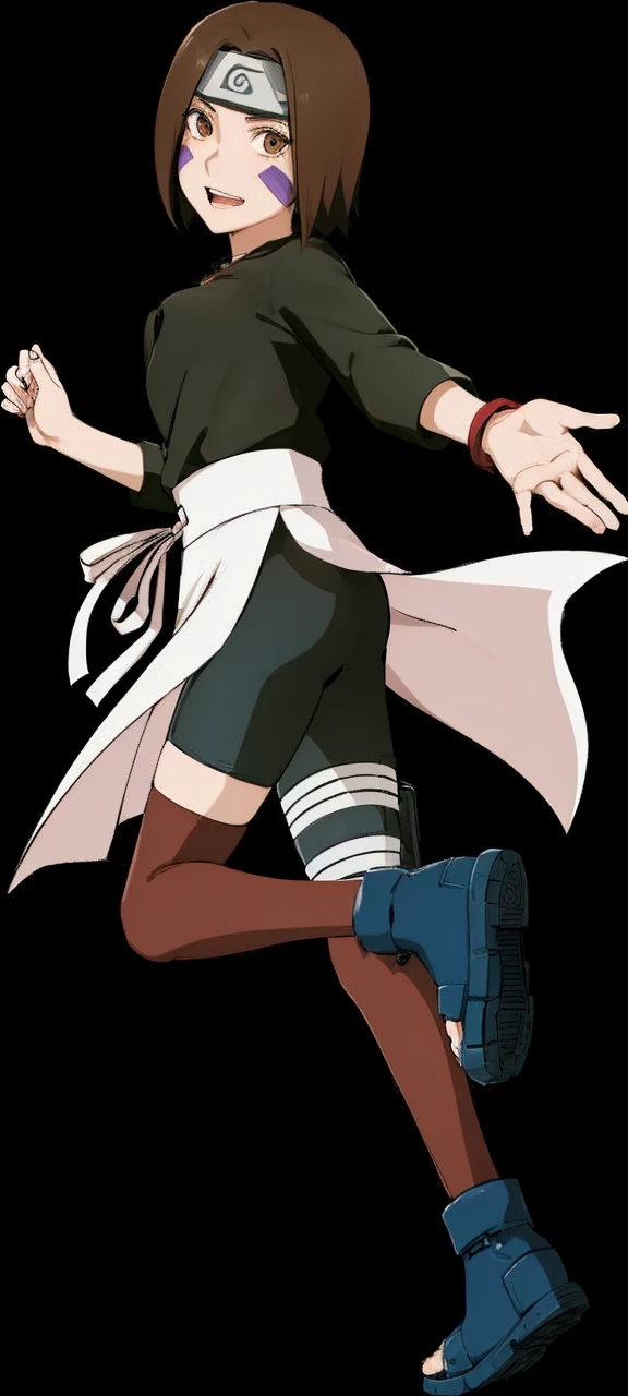 Girl with fair skin, brown eyes, and short, chin-length hair. On each of her cheeks are rectangular purple markings. She wears a black shirt with sleeves slightly below her elbow, and a white apron over her black shorts. She wears thigh-high red/brown stockings, the standard shinobi sandals and holster. 18 years old, sexy, big ass, big breasts,wide hips.