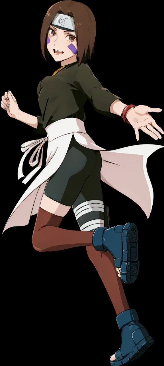 Girl with fair skin, brown eyes, and short, chin-length hair. On each of her cheeks are rectangular purple markings. She wears a black shirt with sleeves slightly below her elbow, and a white apron over her black shorts. She wears thigh-high red/brown stockings, the standard shinobi sandals and holster. 18 years old, sexy, big ass, big breasts,wide hips.