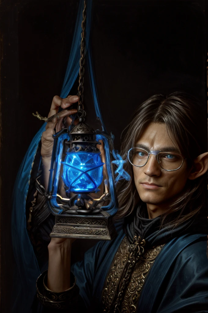 selfie, 1 elf, pointy eays, rpg fantasy, fantasy race. in darkness, holding a lantern in front face (focus on lantern), magic item, large lantern suspended by chain. blue fire lantern, lantern font of light. the lantern shiny bright and conjuring falling smoke, blue fire. priest, hood, light reflect in face and eyes, serious expression. perfect hands [[in 2 hands, 5_fingers, five_finger, 5f, 5_fingered]]. original character, authentic. looking to viewer, focus on talisman and face.  centered, solo character, front view. semi realistic painting style, illustration. blank background, empty.3D, baroque style,oil paint,Rococo style, 3d