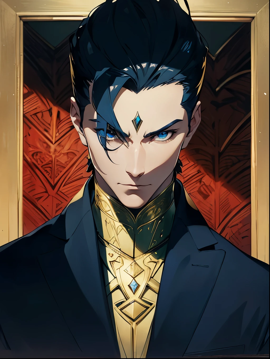 A man with short golden hair slicked back, his face entirely obscured by a Dynastinae concept mask, full mask, cold gaze, clad in an indigo blue fantasy-style Dynastinae concept chest plate, his arms and legs are clad in matching armor, he wears a white undershirt and trousers with golden stripes, standing within a magnificent fantasy-style palace, this character embodies a finely crafted fantasy-style masked light armor warrior in anime style, exquisite and mature manga art style, high definition, best quality, highres, ultra-detailed, ultra-fine painting, extremely delicate, professional, perfect body proportions, golden ratio, anatomically correct, symmetrical face, extremely detailed eyes and face, high quality eyes, creativity, RAW photo, UHD, 32k, Natural light, cinematic lighting, masterpiece-anatomy-perfect, masterpiece:1.5