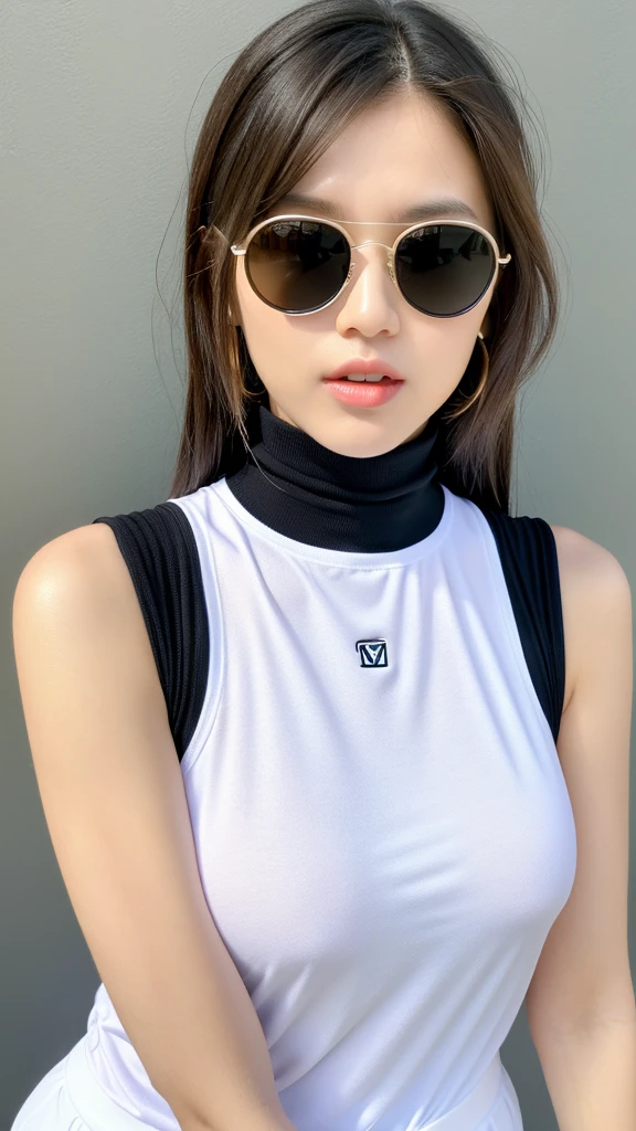 vivid,Normal chest,((between legs)),cute,(Detailed face),cloth,Sharp Eyes,Turtleneck sleeveless sporty lightweight(White plastic)Clothes,Ultra-high resolution,（Photorealistic：1.7）,Black long hair,Gray background,Holding sunglasses,