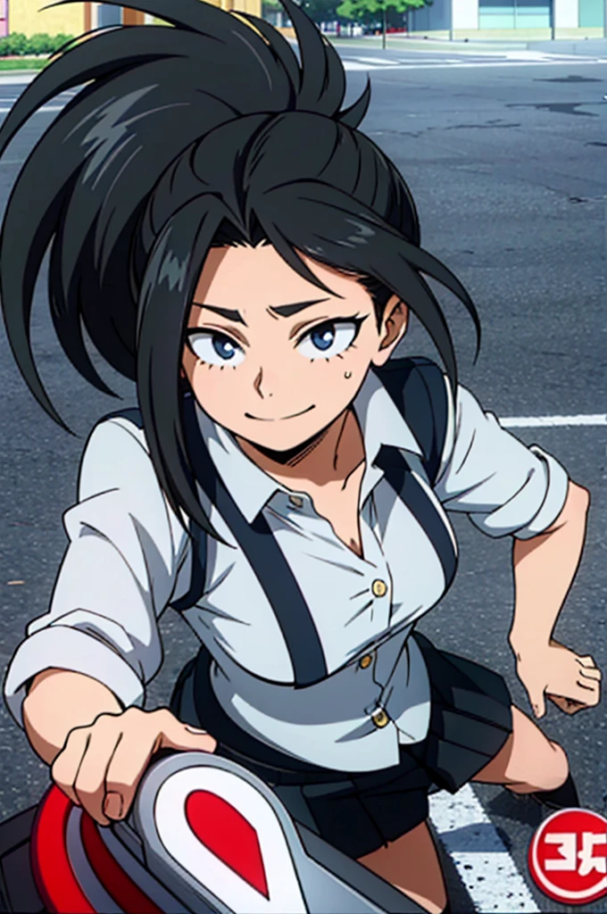  high image quality, she is a 20 year old teenager, she has slightly disheveled very black hair..., somewhat light blue eyes, on a busy avenue,( front stop) fit body , nice face , attractive, happy face,  with normal warm clothing , my hero academy art style, boku no hero style