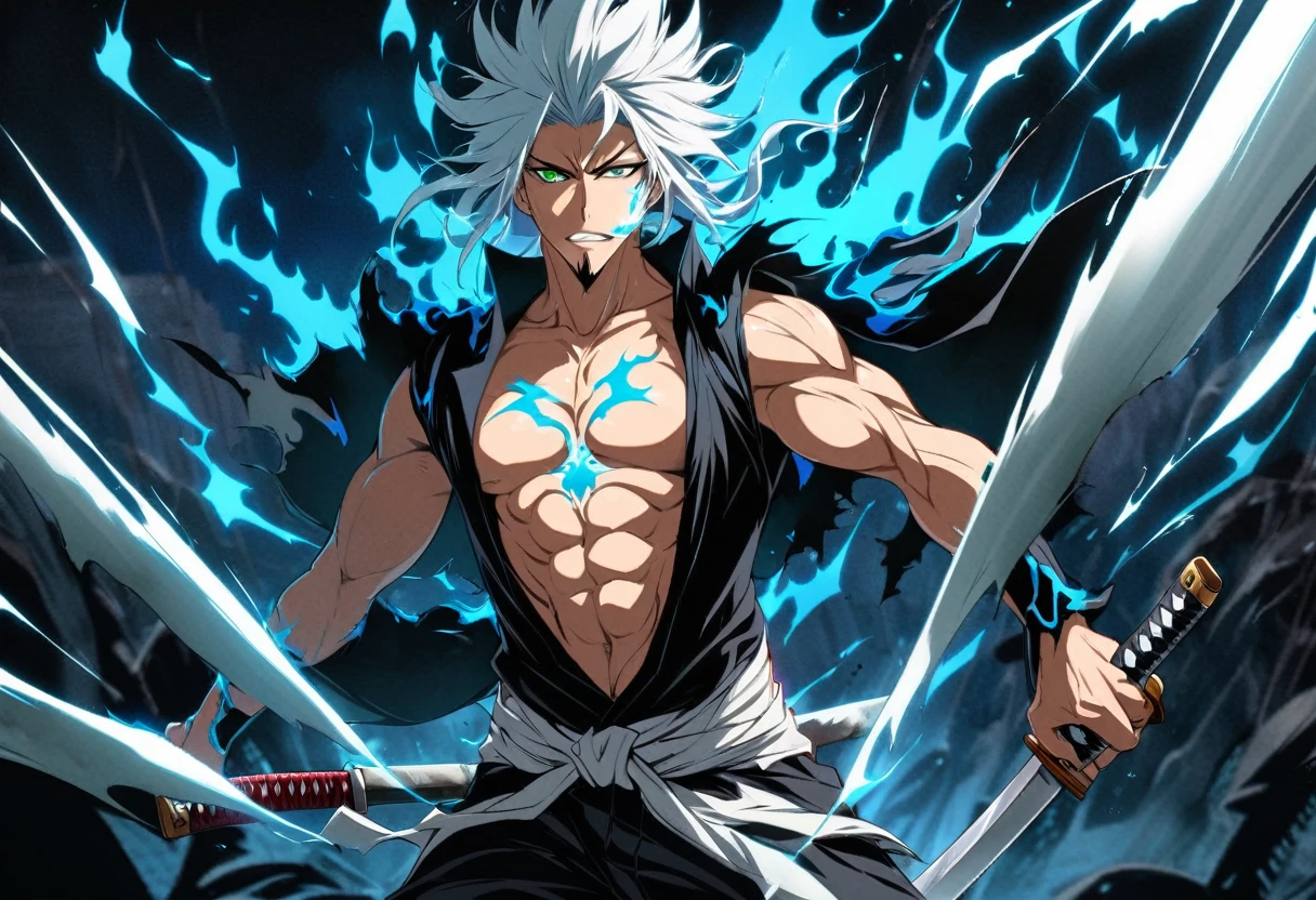 1 young boy, focusing masculino, BLEACH, black too, , torn garments, open air, Raby, pectoral muscle star piece), (highest quallity), (super verbose), tão bonitas, 人物, Messy hair, perfect composition, Moisture skin, details Intricate, 1 men, bonitas, White hair, vibrant green eyes, slim muscles, アニメ, 19yearsold, 19 years, a small goatee, kimono de Shinigami, Shinigami, bleach style, bleach, regatta, kimono, shortsleeves, glued sleeves, 2 Katanas, two swords, double katana, katana longa, ceifera of souls, bad ass, looking at screen, focusing, blue flames coming out of the katana, attacking, for the bank, release of power by the sword, sword with flames, fire, fire azul, espada fire, blue flames, attacking, attacking com espada, atack katana, ataking, cut-in, fazendo cut-in,cut, Swinging, Swinging esapda, displaying his white plasma aura on his right hand, watercolor digital art, a blue flame coming out of your entire body , emanating energy and power, white and blue aura.