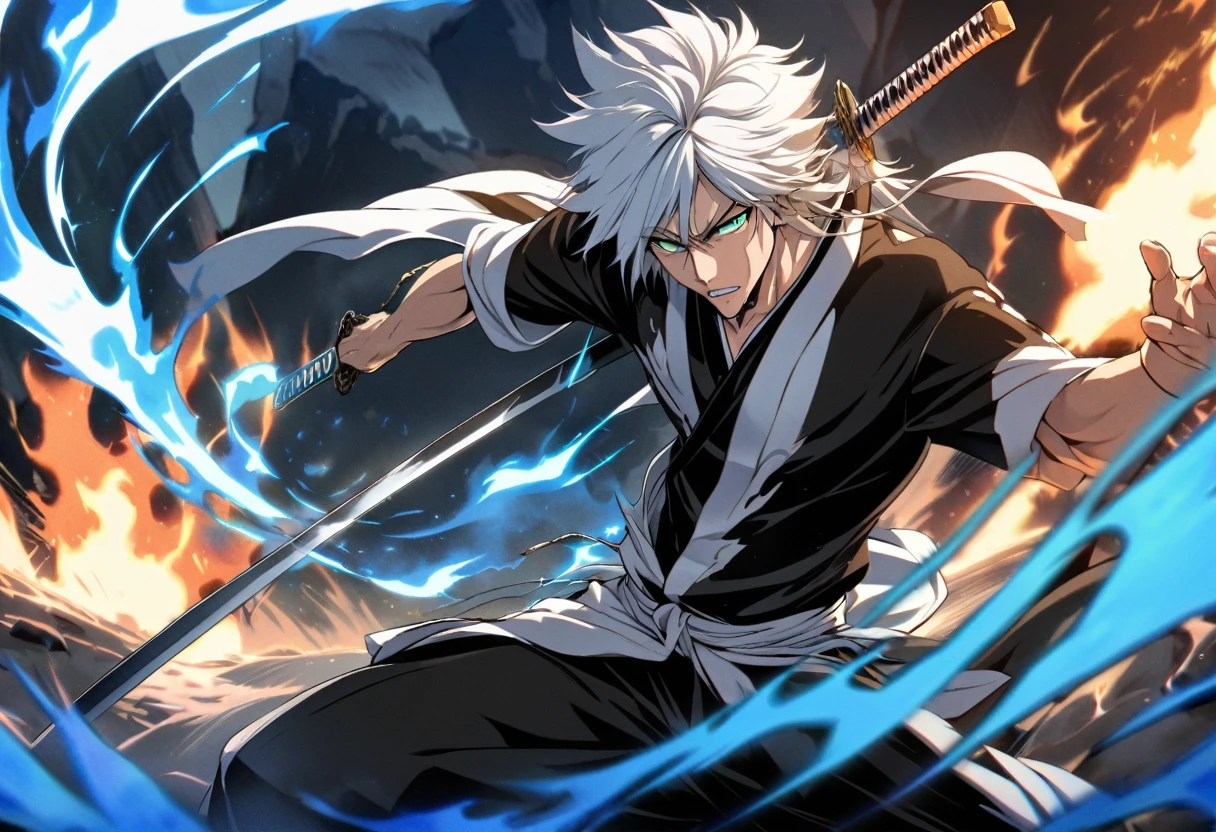 1 young boy, focusing masculino, BLEACH, black too, , torn garments, open air, Raby, pectoral muscle star piece), (highest quallity), (super verbose), tão bonitas, 人物, Messy hair, perfect composition, Moisture skin, details Intricate, 1 men, bonitas, White hair, vibrant green eyes, slim muscles, アニメ, 19yearsold, 19 years, a small goatee, kimono de Shinigami, Shinigami, bleach style, bleach, regatta, kimono, shortsleeves, glued sleeves, 2 Katanas, two swords, double katana, katana longa, ceifera of souls, bad ass, looking at screen, focusing, blue flames coming out of the katana, attacking, for the bank, release of power by the sword, sword with flames, fire, fire azul, espada fire, blue flames, attacking, attacking com espada, atack katana, ataking, cut-in, fazendo cut-in,cut, Swinging, Swinging esapda, displaying his white plasma aura on his right hand, watercolor digital art, a blue flame coming out of your entire body , emanating energy and power, white and blue aura.