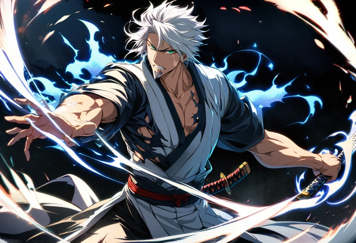 1 young boy, focusing masculino, BLEACH, black too, , torn garments, open air, Raby, pectoral muscle star piece), (highest quallity), (super verbose), tão bonitas, 人物, Messy hair, perfect composition, Moisture skin, details Intricate, 1 men, bonitas, White hair, vibrant green eyes, slim muscles, アニメ, 19yearsold, 19 years, a small goatee, kimono de Shinigami, Shinigami, bleach style, bleach, regatta, kimono, shortsleeves, glued sleeves, 2 Katanas, two swords, double katana, katana longa, ceifera of souls, bad ass, looking at screen, focusing, blue flames coming out of the katana, attacking, for the bank, release of power by the sword, sword with flames, fire, fire azul, espada fire, blue flames, attacking, attacking com espada, atack katana, ataking, cut-in, fazendo cut-in,cut, Swinging, Swinging esapda, displaying his white plasma aura on his right hand, watercolor digital art, a blue flame coming out of your entire body , emanating energy and power, white and blue aura.