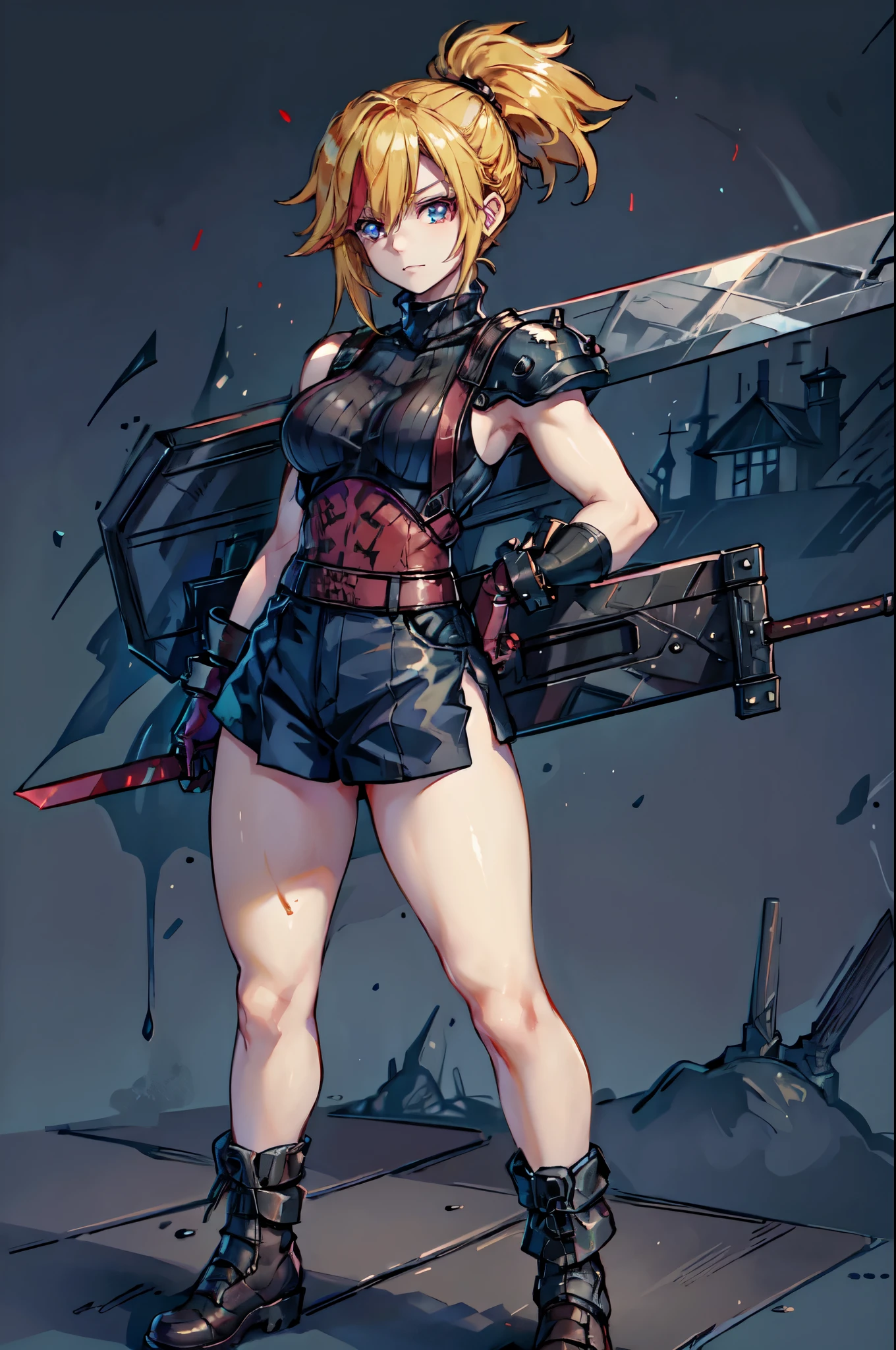 (masterpiece, best quality:1.2), red glowing eyes, red eyes, the eyes are red, perfect face, , strong make up, highres, 1 girl, solo, ultra long ponytail, (female:1.5), strife, blonde hair, shoulder armor, sleeveless turtleneck, suspenders, belt, gloves, bracer, evil smile, standing, portrait, looking at viewer, giant sword on the back, long leather boots, fullbody shot