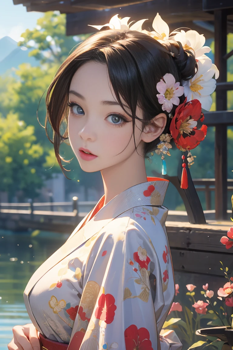 (Highest quality、 8k 、masterpiece、High resolution)、(whole body)、Vibrant colors、Brown-black bob、Traditional round topknot、Ample breasts、(Highly detailed face and eyes、Beautiful Face、Beautiful Eyes、Beautiful nose、Pretty lips)、Official Art、Japanese painting、 (Beautiful woman standing on a riverside observation deck),(Vivid floral patterned kimono), The background is a wide river、Nearby bridge、Riverside streetscape、Mountains in the distance、Detailed CG、