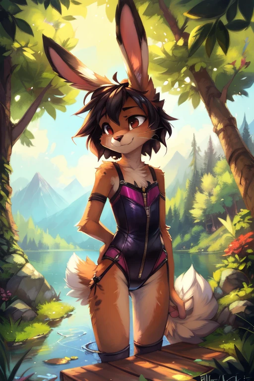 by kenket, by Zackary911, by hyattlen, by teranen, by fumiko, by Pixelsketcher, by Bayard Wu, by Einshelm, by Kilinah, by Hioshiru, by fluff-kevlar, by Dimwitdog, (((by blackkitten))), Furry, Anthro, solo, ((bunny)), ((female)), ((slender)), ((young)), ((fluffy tail)), oblivious look, floppy ears, ears down, short hair, small breasts, lifting tail, short tail, colorful leotard, crotch zipper, lace, embroidery, exposed shoulders, undone straps, lake, dock, unzipped, wet, glistening, voyeur, unaware, looking away